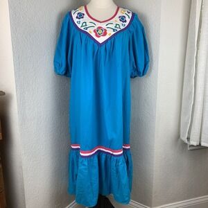 VTG NOS Appel Sz M Cotton Midi Nightgown House Dress Turquoise Blue Floral USA